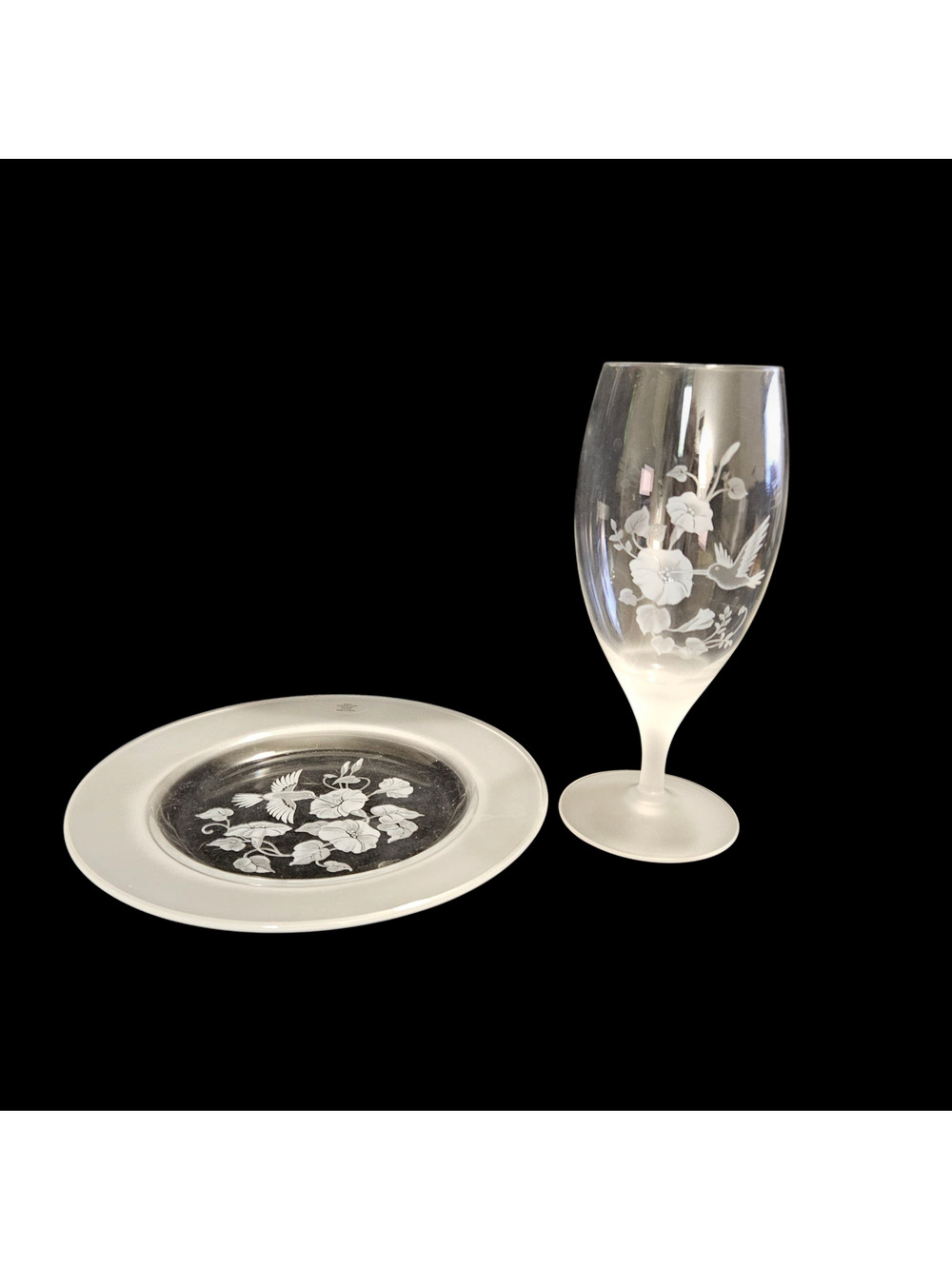 Avon Lead Crystal Hummingbird Floral Etched Goblet & Plate Set France